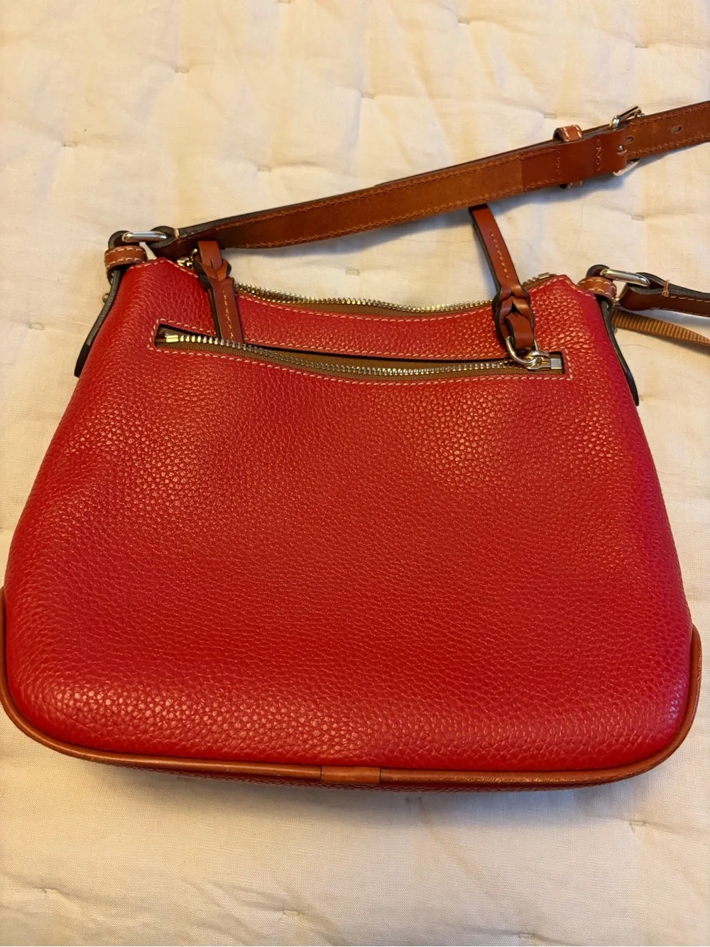Dooney & Bourke Red Pebbled Leather Crossbody with Brown Strap